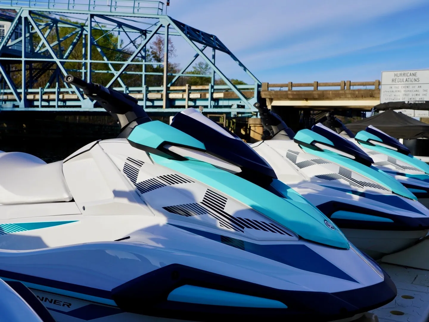 Row of new 2026 Yamaha VX WaveRunners lined up at Island Adventure Watersports dock in Myrtle Beach